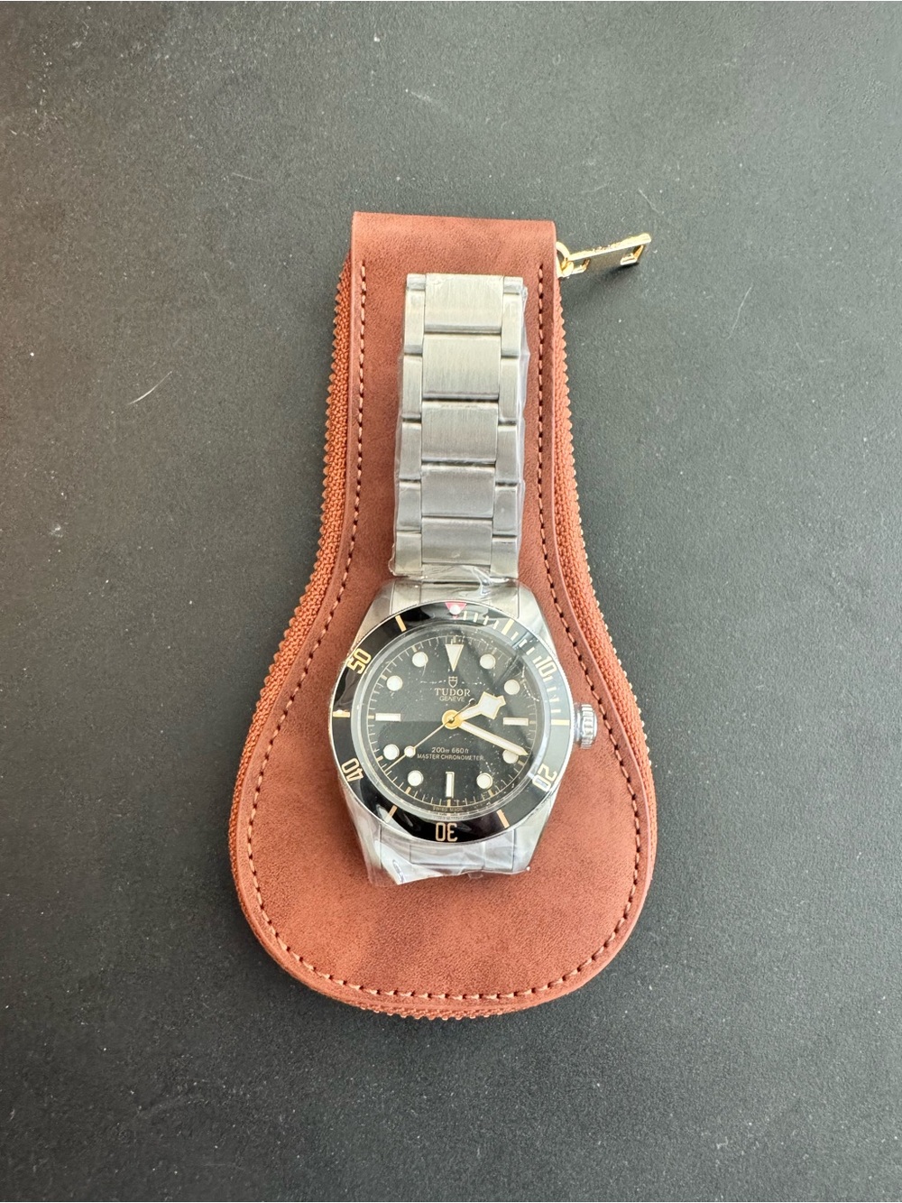 Tudor Black Dial Mod Stainless Steel Watch with Brown Leather Pouch